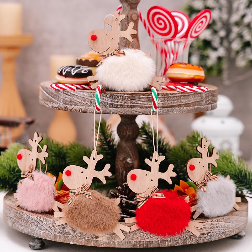 Christmas Elk Hanging Ornaments Wooden Reindeer Plush Pendants Christmas Tree Decor