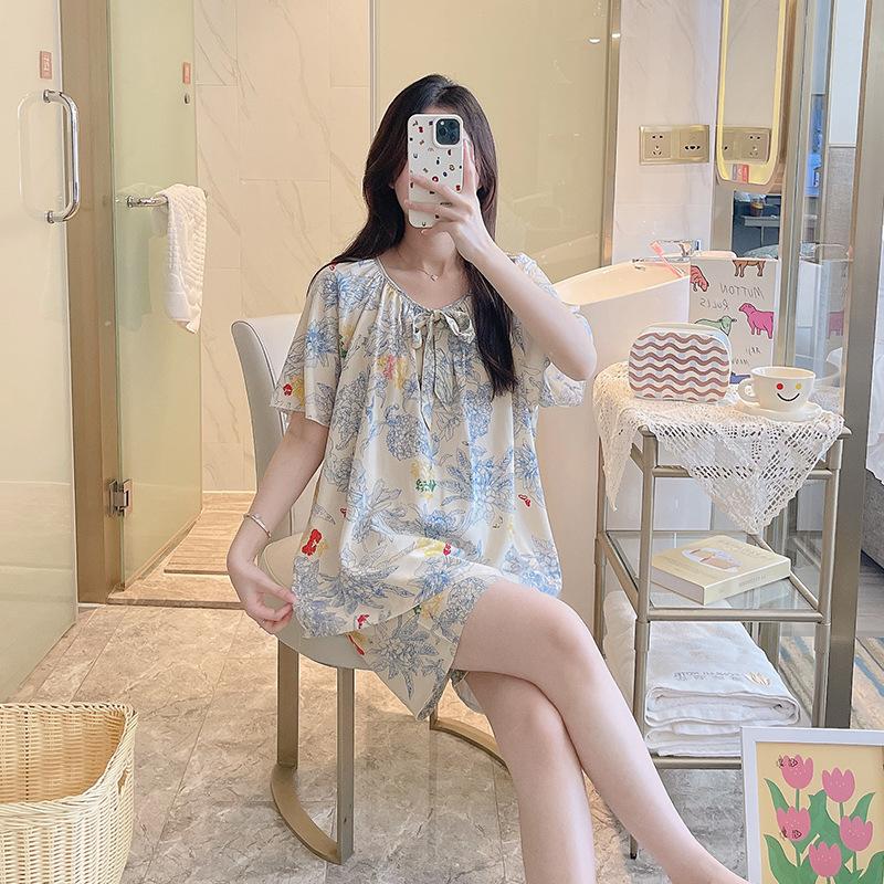 1011 New cotton and silk pajamas women's spring summer short-sleeved shorts printed suit cute fashion loungewear