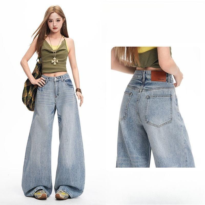 Spring Lazy Heavy Wash Non Stretch Low Waist Relax Wide Leg Saber Cut Denim Pants For Women Casual Pants Oversize Denim Trousers