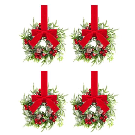 Christmas Mini Cabinet Wreaths Artificial Norfolk Pine Wreath with Ribbon Bows Red Berry Pinecones Small Kitchen Wreath for Window Door Wall Decor