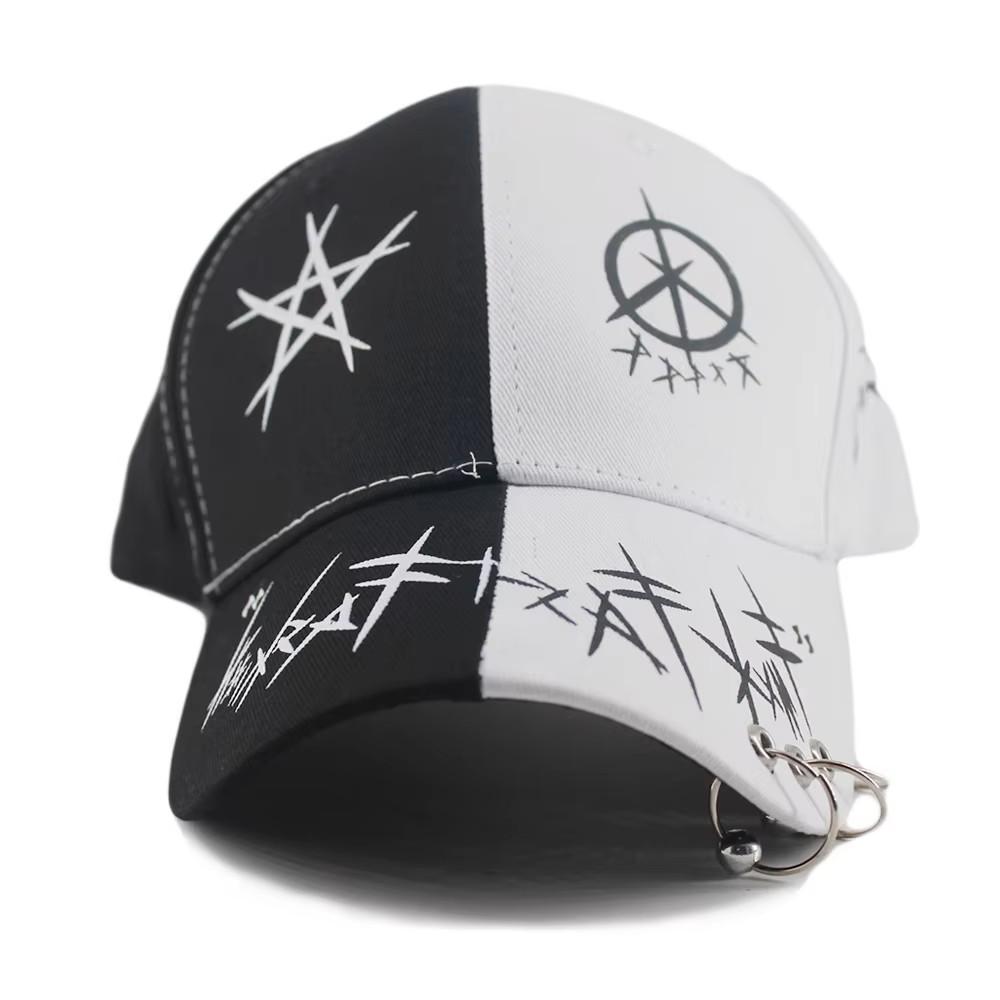 Baseball Cap Hat Grey Black Letter Graffiti Print Iron Ring Spring Summer Autumn Punk Hip hop Rock Adjustable Unisex Men Women Outdoor Casual Cotton