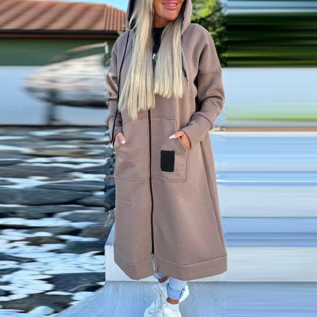 Women's Fashion Jacket Casual Solid-color Long-sleeved Cardigan Hoodie Long Coat