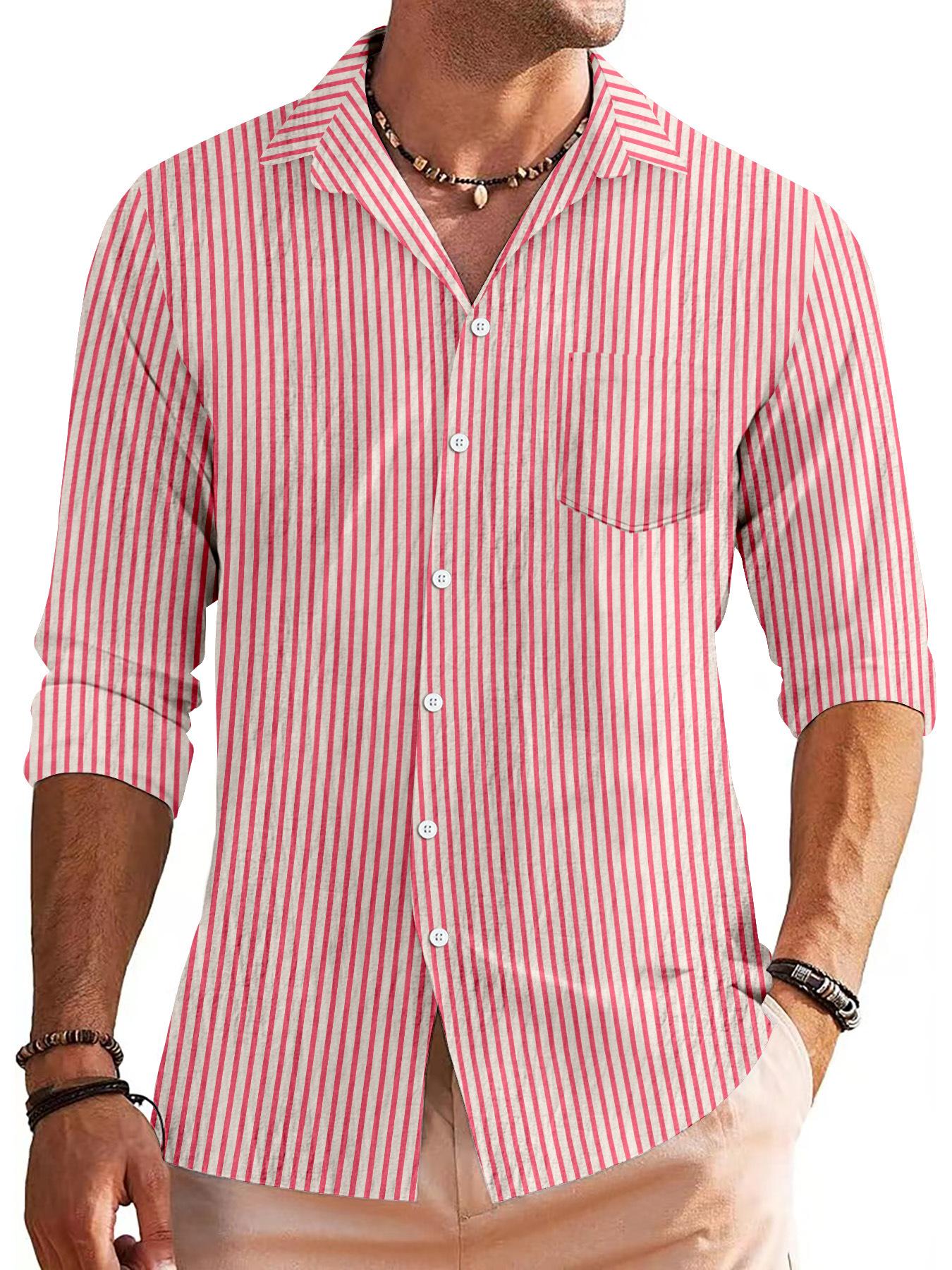 Men S Casual Striped Jacquard Long Sleeve Turn Down Collar Shirt For Spring Autumn S красный