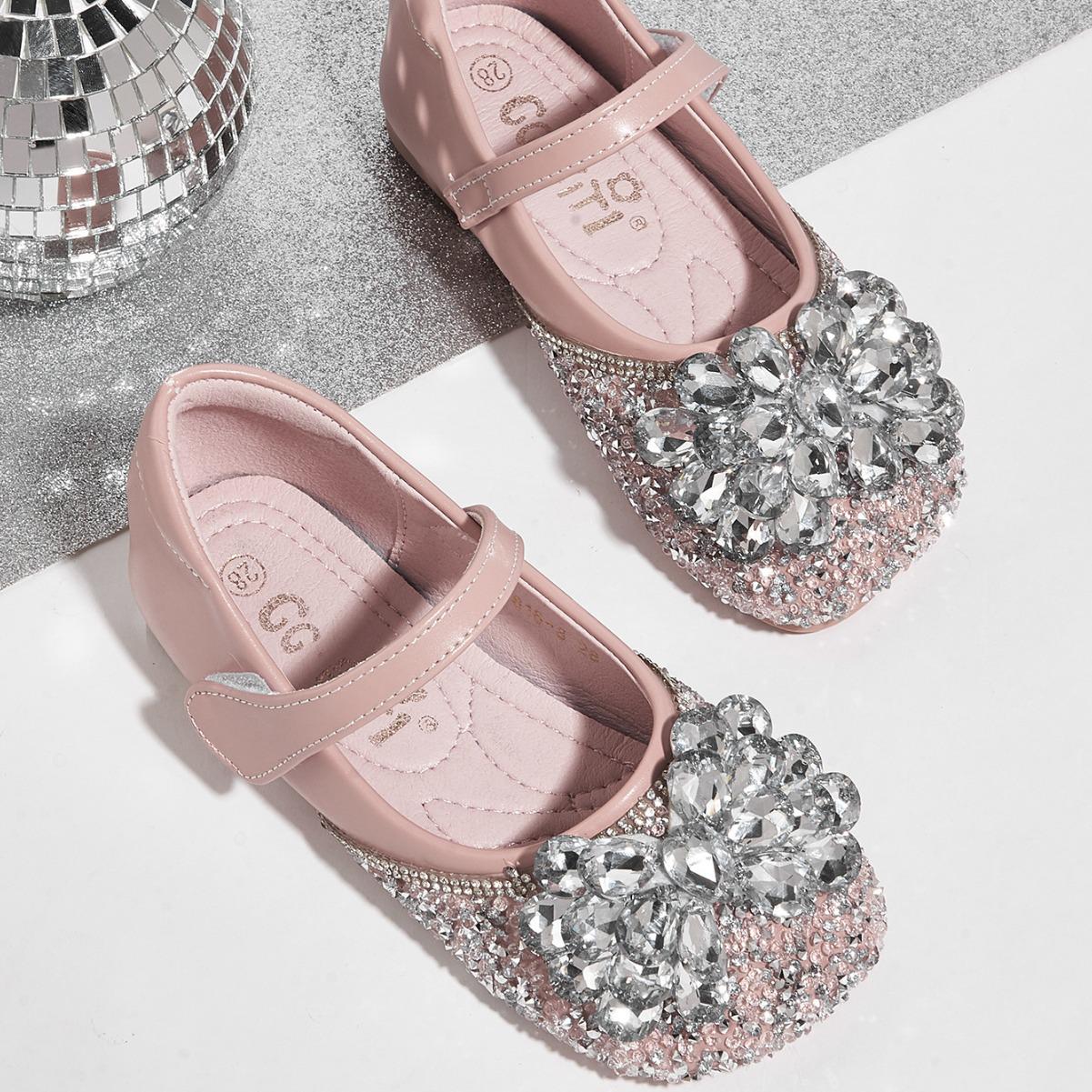 Girls Elsa Princess Crystal Rhinestone Performance Flats - Non-Slip, Soft Sole 34 розовый