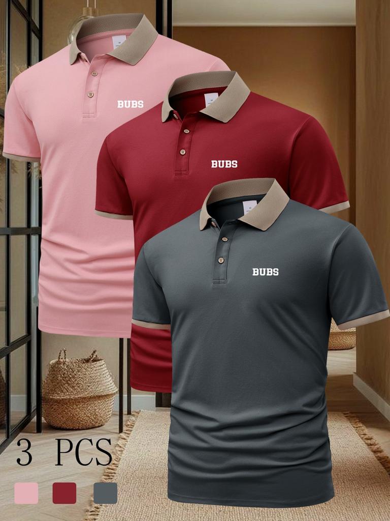 3pcs Summer Men's Casual Short-Sleeve Polo Shirt with a Collar, Stylish And Suitable for Everyday Business Wear