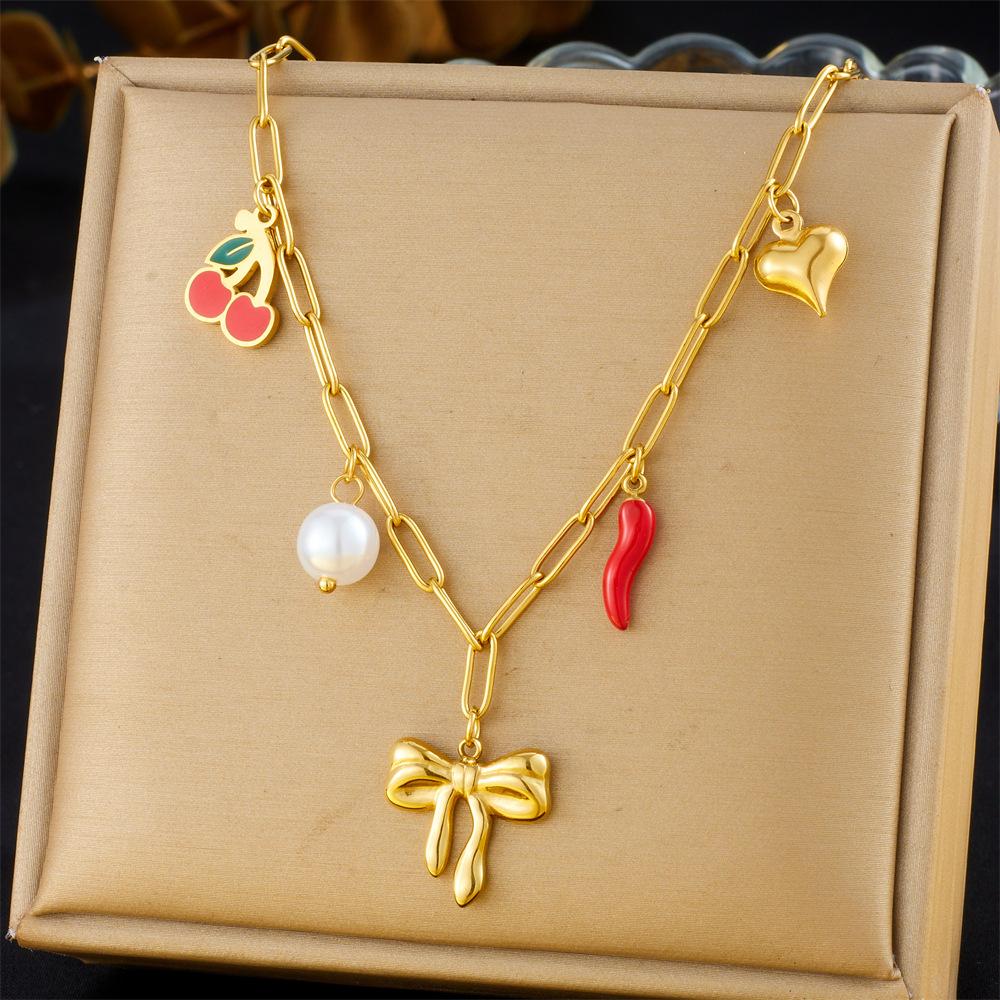 Vintage Multi Element Heart Bow Shell Cherry Cross Eye Chain Necklace