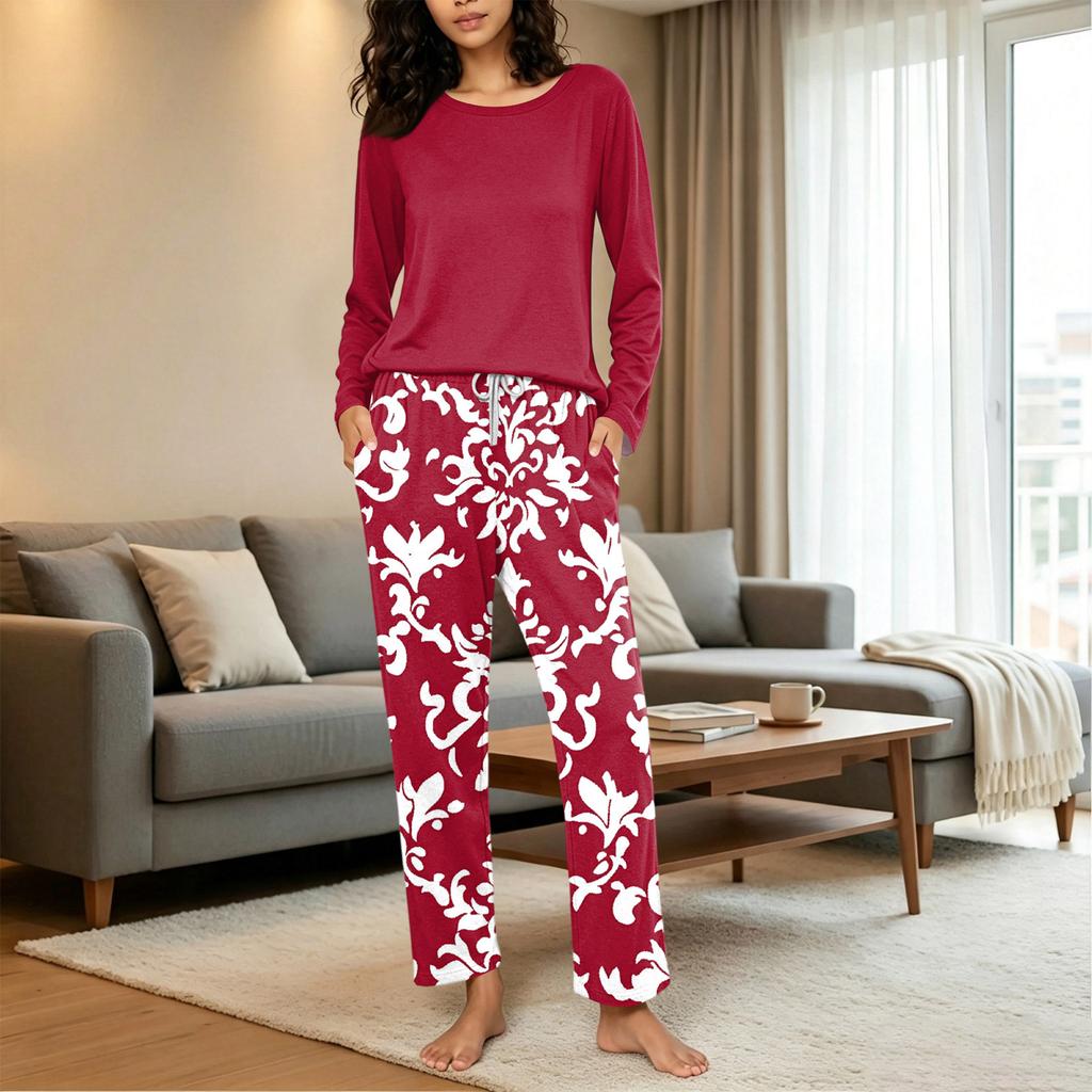 Damen Freizeit-Schlafanzug-Set mit Print, Rundhalsausschnitt und Lockerer Passform für Nachtwäsche und Loungewear