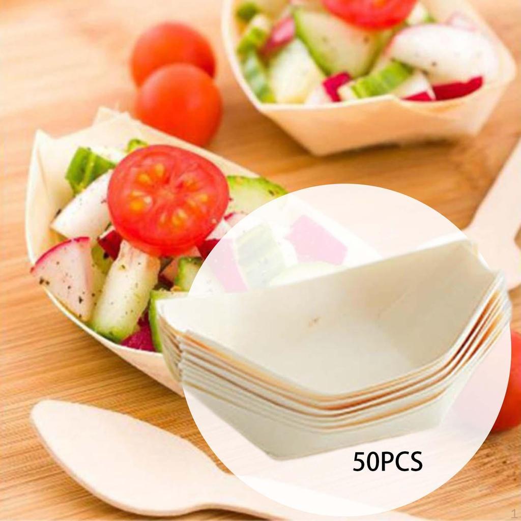 50 Pieces Disposable Wood Boat Serving Trays Sushi Dessert Tray Food Boats Storage Container
