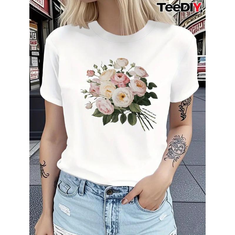 Short sleeved T-shirt with printed European and American plant flowers