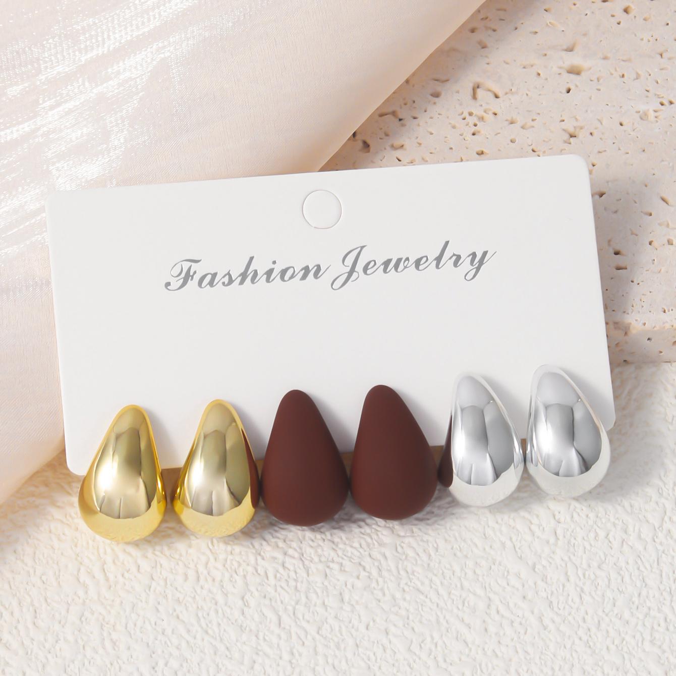 

6Pcs Classic 3-Color Waterdrop Stud Earrings Women s Smooth Punk Earring Set, Versatile Party Dating Zircon for Daily Use