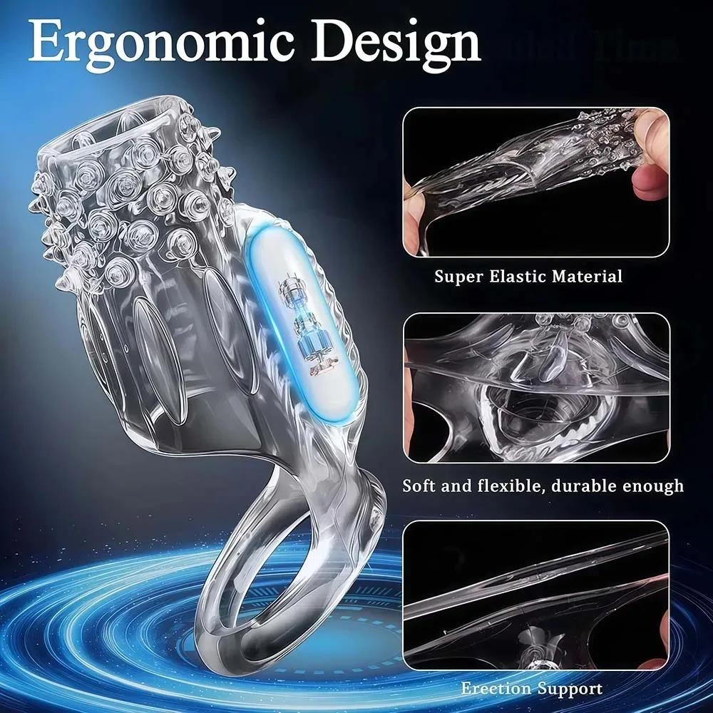 Penis CockRing Vibrator for Men Ejaculation Delay Penis Vibrating Sleeve G Spot Clit Stimulation Sex Toys for Couple