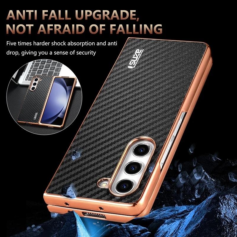 Capa com Padrão de Fibra de Carbono para Z Fold7 Fold 6 para Samsung Galaxy Z Fold 7 6 5 4 3 5G Moldura Galvanizada Capa Traseira para Celular Etui