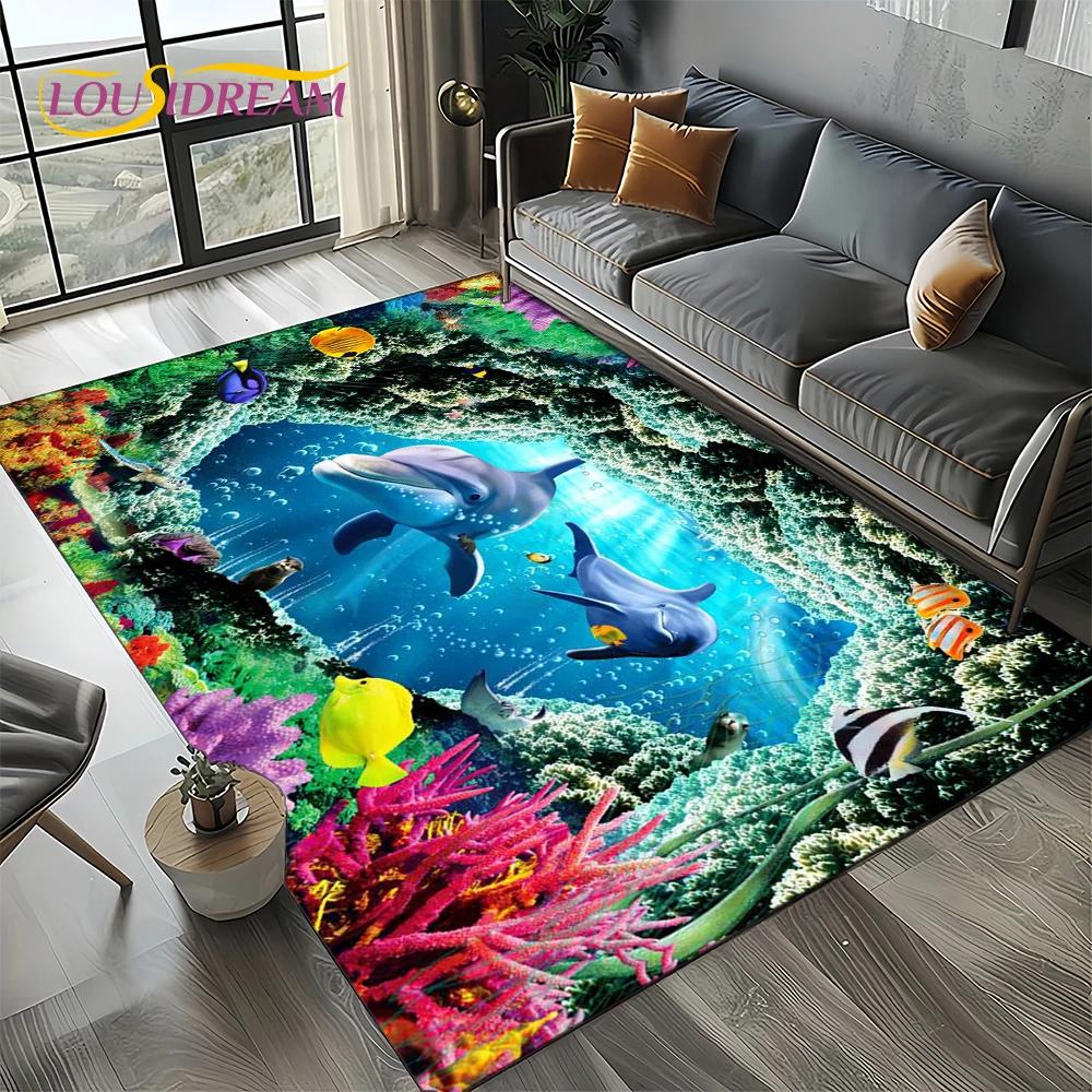 Underwater World 3D Illusion Seabed Cartoon Shark Dolphin Carpet Rug for Living Room Bedroom Home Sofa Decoration,Floor Mat Kid