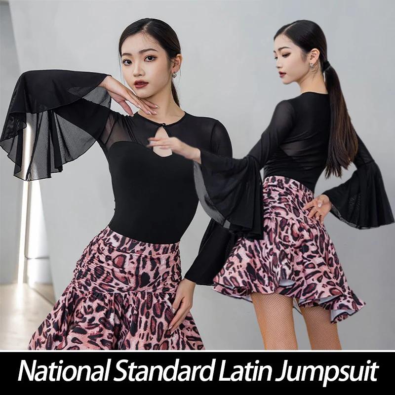 Damen Nationaler Standard Latein Jumpsuit Langarm Latein Tanz Übung Leotard Ballsaal Modern Dance Jazz Bodysuit