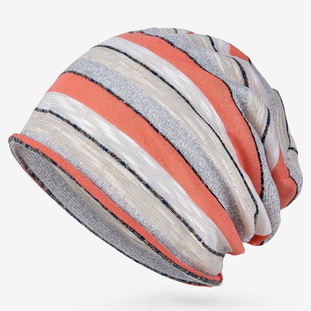 Women Spring Summer Autumn Thin Striped Beanies Slouchy Style Skullies Lady Knitted Bonnet Cap Men Sports Hiphop Pile Hat