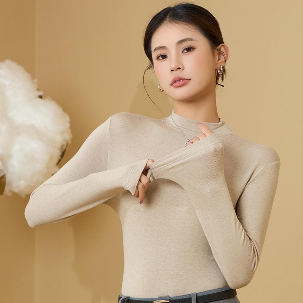 Women's Tencel Wool Acetate High Elastic Stand Collar Slim Fit Long Sleeve Base Layer Top for Autumn/Winter Warmth.