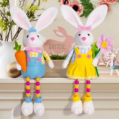 Easter Bunny Doll with Radish & Flower In Sitting Pose: Beaded Feet Rabbit for Window Display & Festival Décor