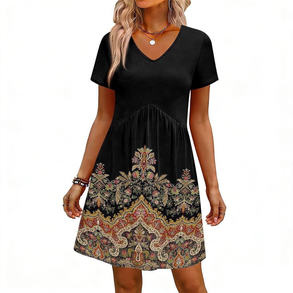 Modisches Damenkleid mit Print, V-Ausschnitt, kurzärmelig, locker, lässig, für den Strandurlaub