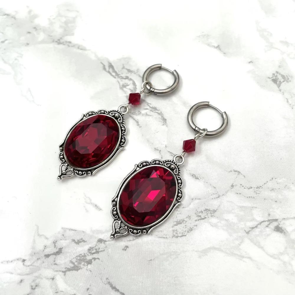 Victorian Gothic Geometry Multi-faceted Oval Black Red Crystal Hoop Earrings for Women Halloween Charm Jewelry Accessories Gift