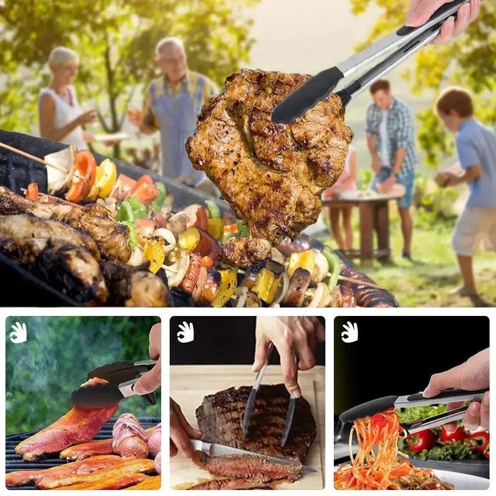 1PC Anti-slip Kitchen Tongs BBQ Stainless Steel Silicone Tip Salad Bread Serving Tool Non-Stick Kitchen Barbecue Food Clamp