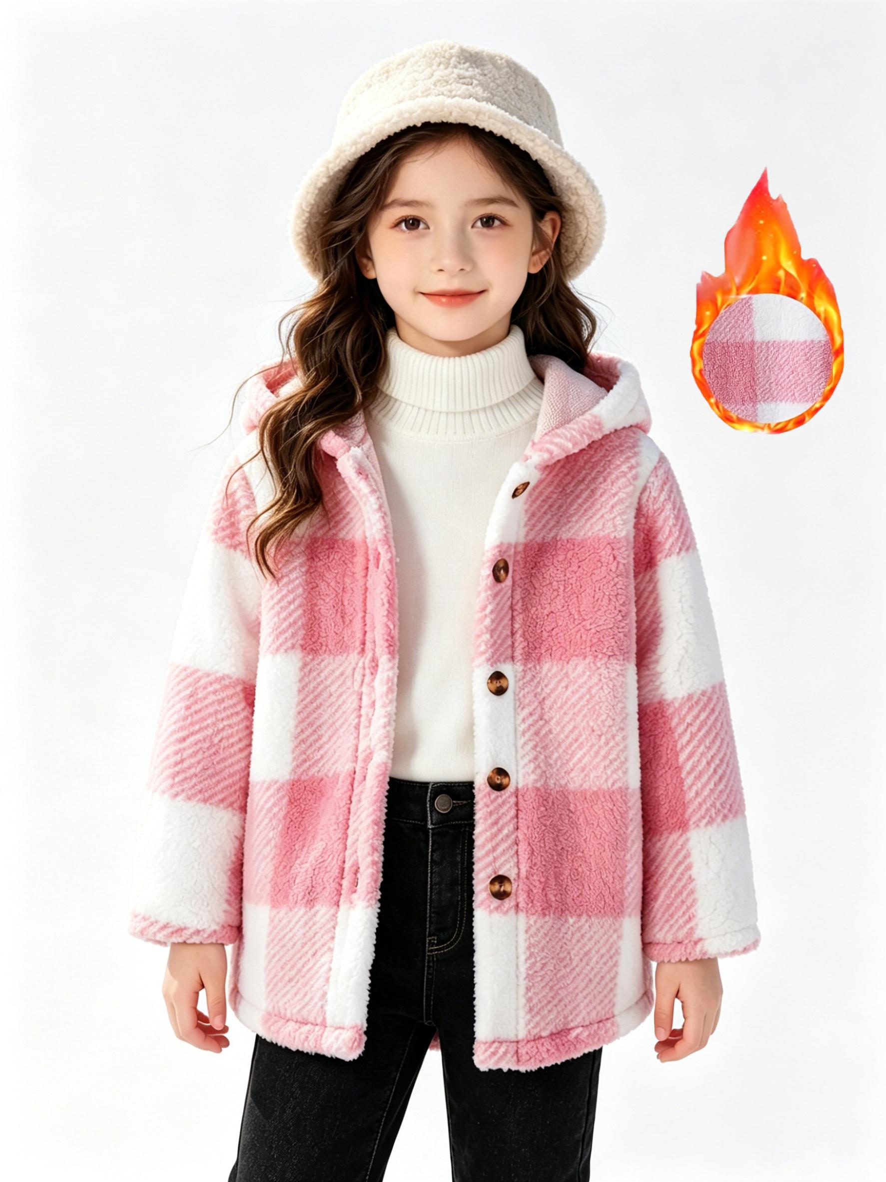 Girls 120-160cm Autumn Winter Two-tone Plaid Hooded Coat Loose Warm Mid-length Casual Outerwear 120