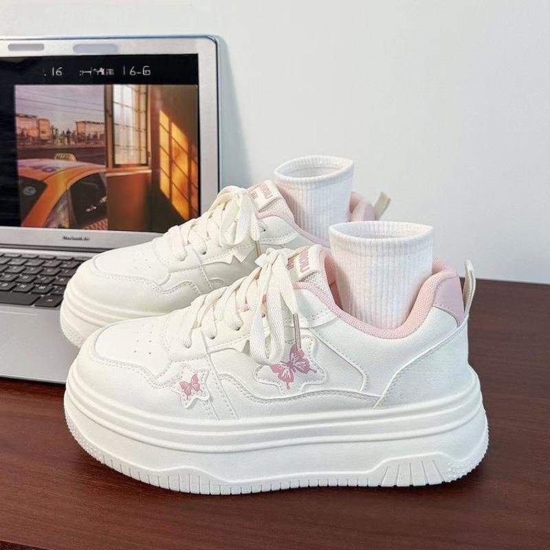 Pink bow thick baseplate shoes women's autumn new round head white shoes student casual shoes