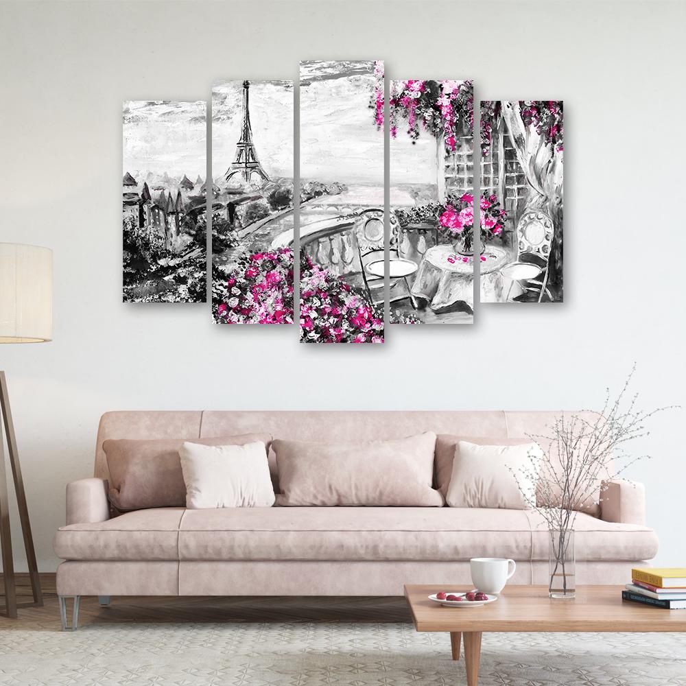 Five piece picture canvas print Paris Eiffel Tower Purple Pastel