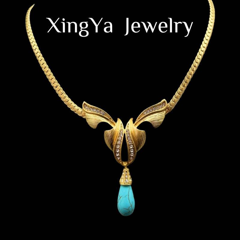 Medieval Vintage Western Full Set Heavy Duty Water Drop Turquoise Bow Collar Earnail
