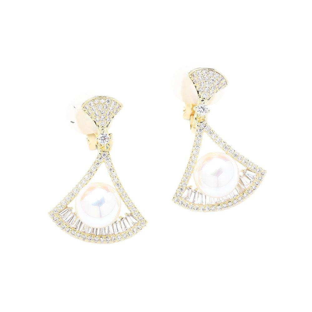 Classic fashion versatile diamond fan earrings gold-plated two-color pearl earrings without pierced earrings women's earrings