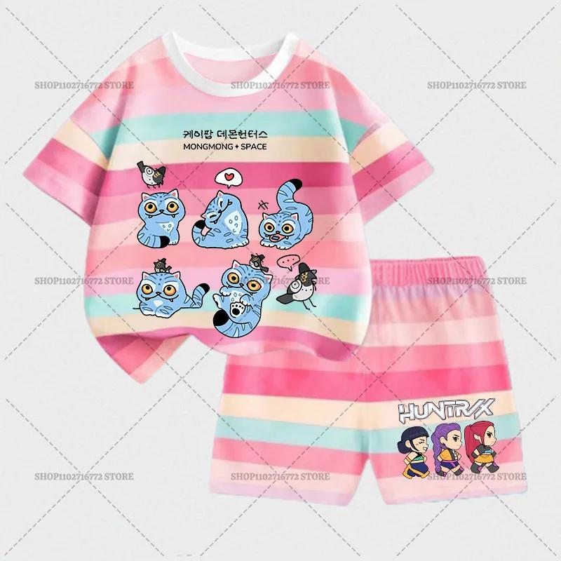 KPop Demon Hunters Children Short Sleeve Shorts Set Fashion Summer Kid Clothes Boy Baby Cotton Tee Pant Outfits Girl Tracksuits