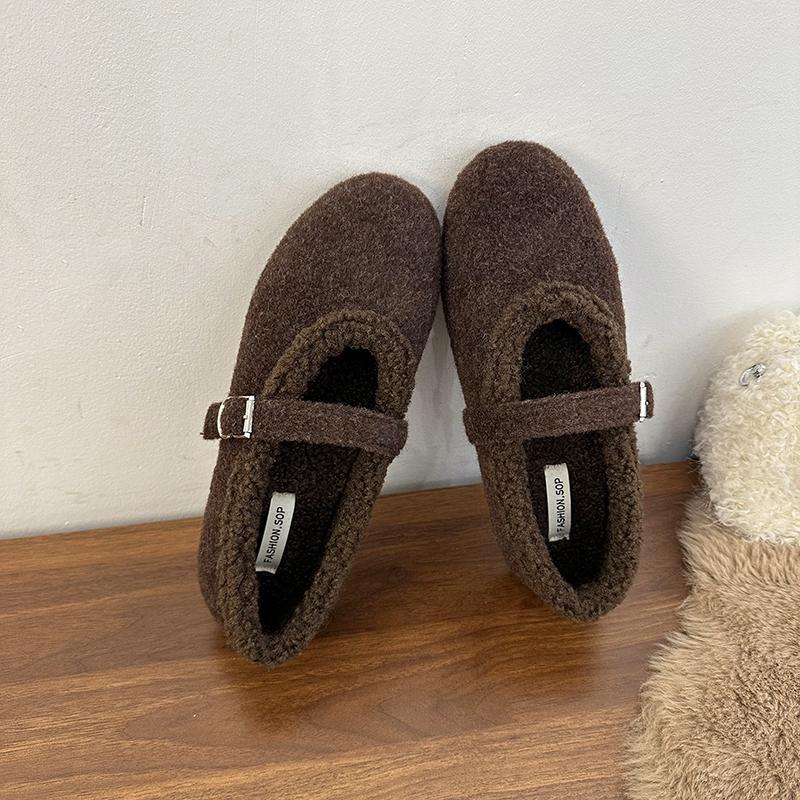 Leopard Fur Lining Women Flats Shoes Concise Round Toe Shallow Shoes Comfort Warm Cotton Outdoor Shoes For Autumn Winter