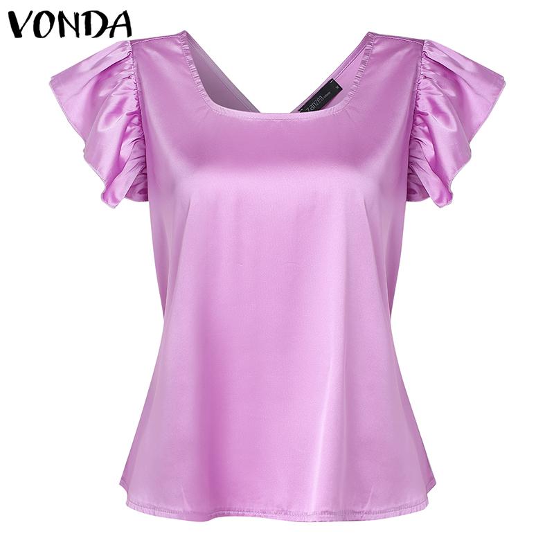 ZANZEA Women Square Collar Ruffled Short Sleeve Satin Casual Blouse