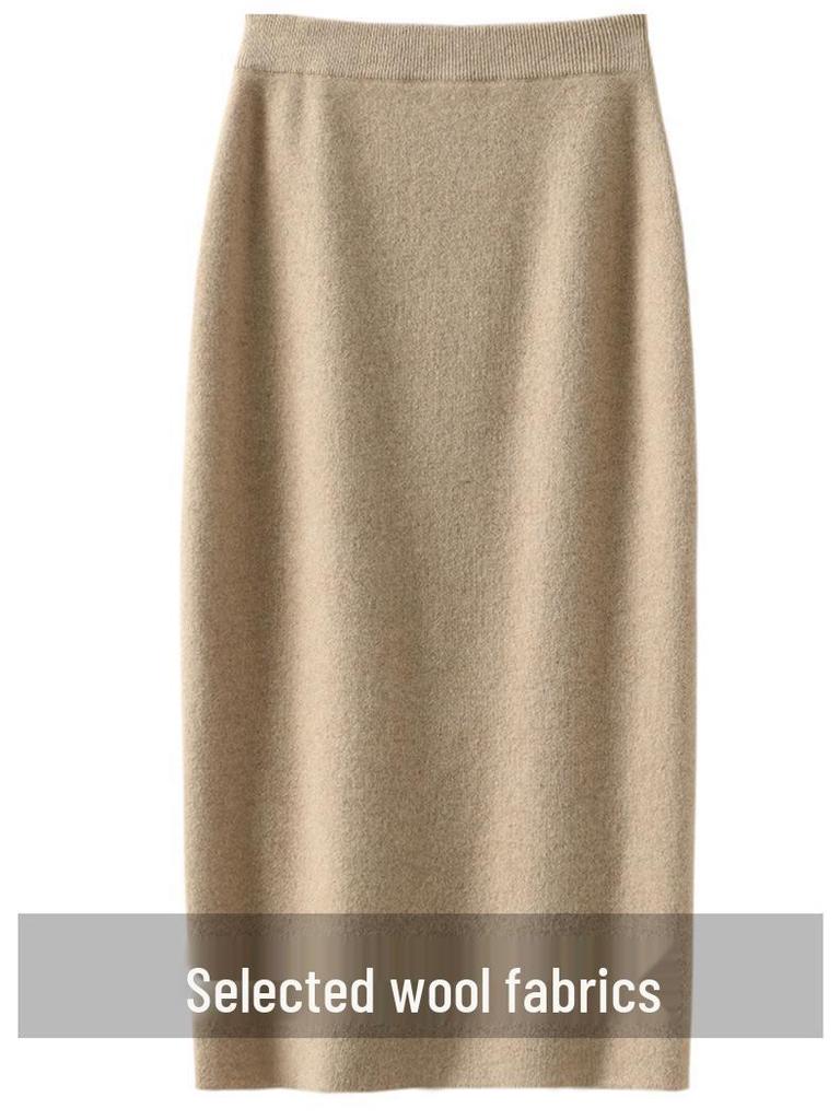 High-Waisted Slim Cashmere Knit Midi Skirt - Hip-Hugging 100% Wool Pencil Skirt for Women, Thickened for Autumn and Winter.