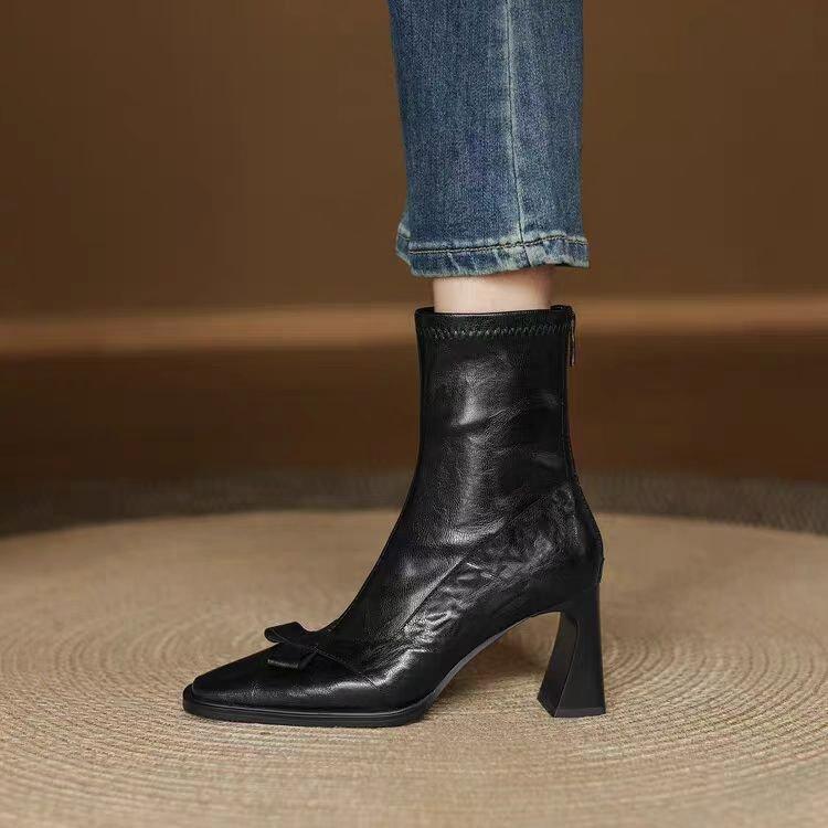 Fashion 2025 New Winter Ankle Boots Print Soft Leather Vintage Chunky Heel Boots for Women Fashionable and Versatile Boots
