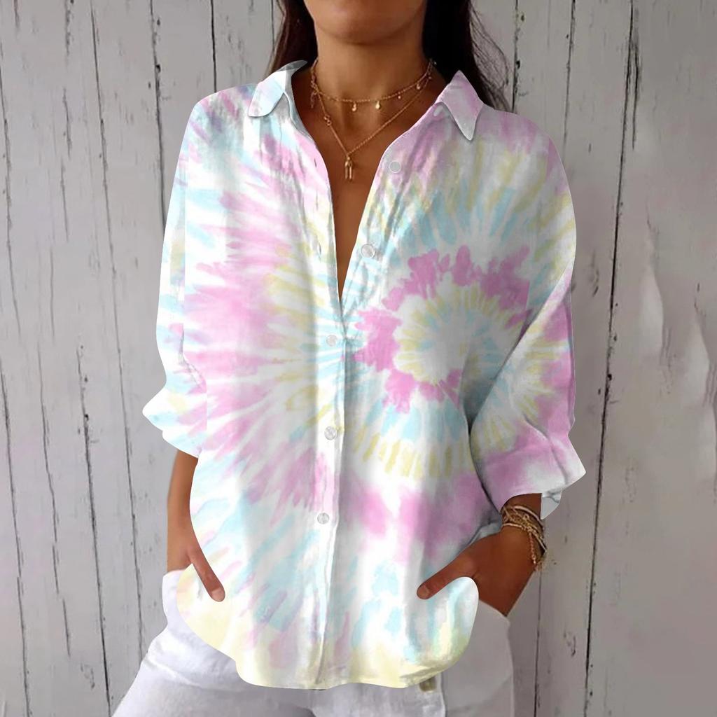 Women's Fashion 3/4 Sleeve Casual Lapel Back Tie-Dye Floral Print T-Shirt Top
