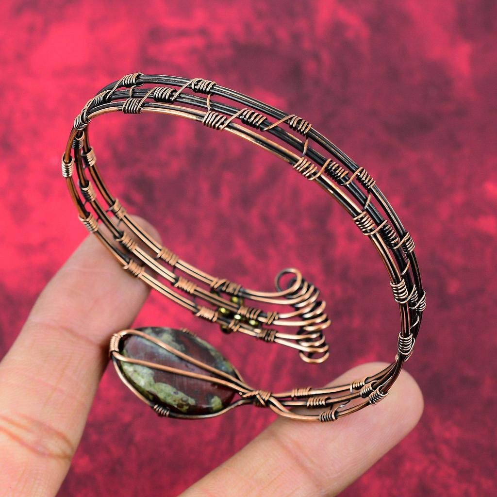 Dragon Bloodstone Bangle Copper Wire Wrapped Cuff Bracelet Gemstone Adjustable Bangle Copper Jewelry Gift For Him Handmade Wire Wrap Jewelry