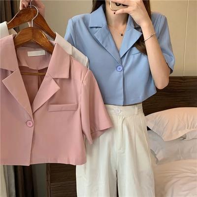 Shirts Frauen Chic Elegante Solide Büro Damen Sommer Cropped Slim Beliebte Single Button Einfach Alle-spiel Streetwear
