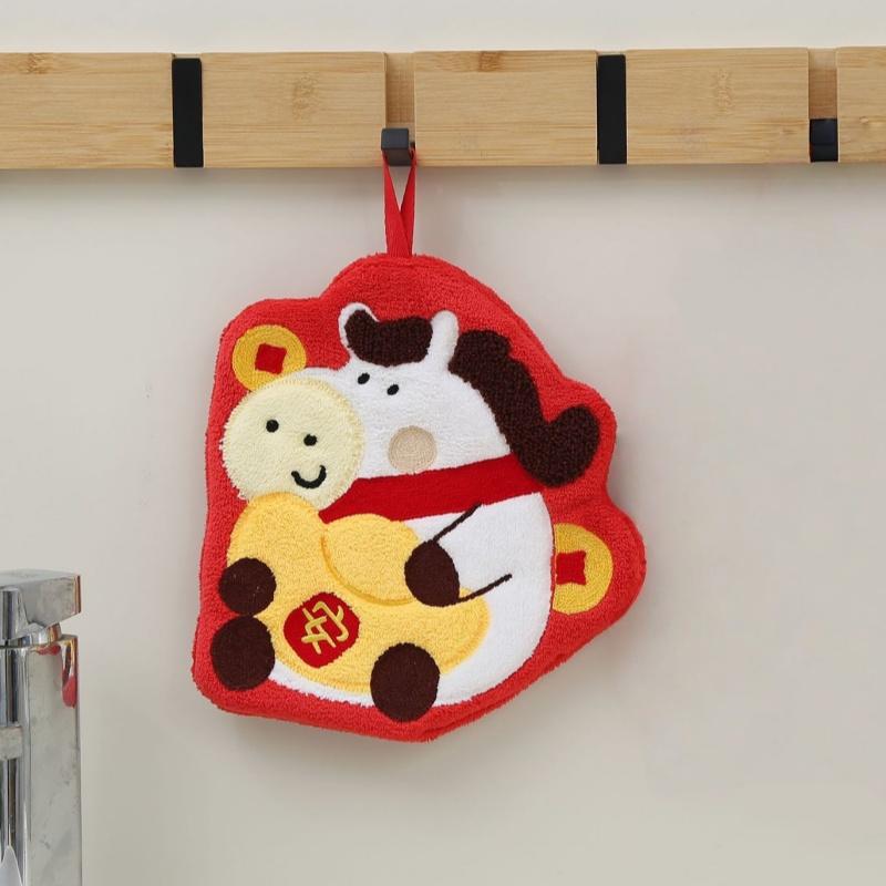Cute Cartoon New Year Money Bag Horse Hand Towel For Kitchen Bathroom Handkerchief Thick Absorbent Coral Fleece Hanging Towel