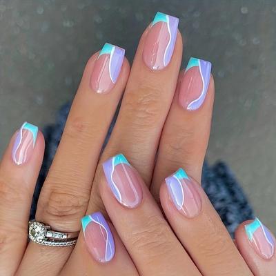24 uñas postizas cuadradas de longitud media para mujeres y niñas, color azul brillante y morado