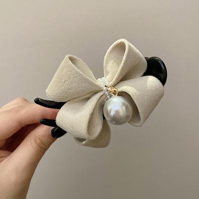Pearl Bow Tie Hair Claw Clip Plush Ponytail Fixed Elegant Hair Clip Women Headwear Accessory Gift For Girl