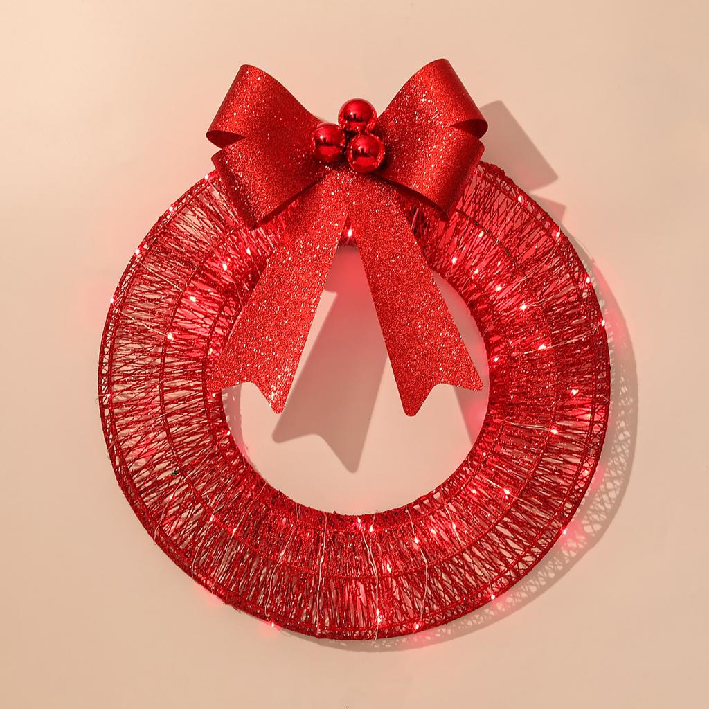 Christmas Metal Light Up Wreath With LED Warm Lights And Ribbon Bow Holiday Decoration