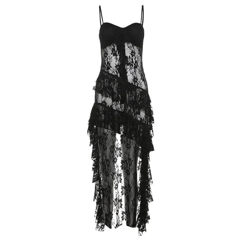 Cross-Border European and American Style 2024 Summer New Women s Clothing Pure Desire Hot Girl Style Hollow Lace Irregular Hem Black S