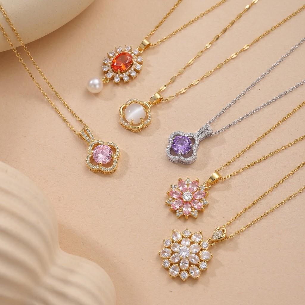 Necklace: Women's European & American Style Copper Sunflower Pendant with Zircon, Pearl, and Water Drop Design Fashionable Collarbone Chain Jewelry.