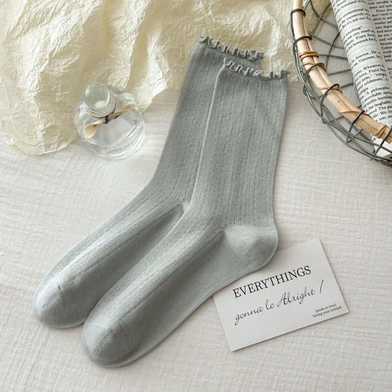 Boneless Socks for Women, Summer Thin Mesh Breathable Pile Socks, Black Fungus Edge Mid-calf Socks, Loose Lace Postpartum Socks for Women