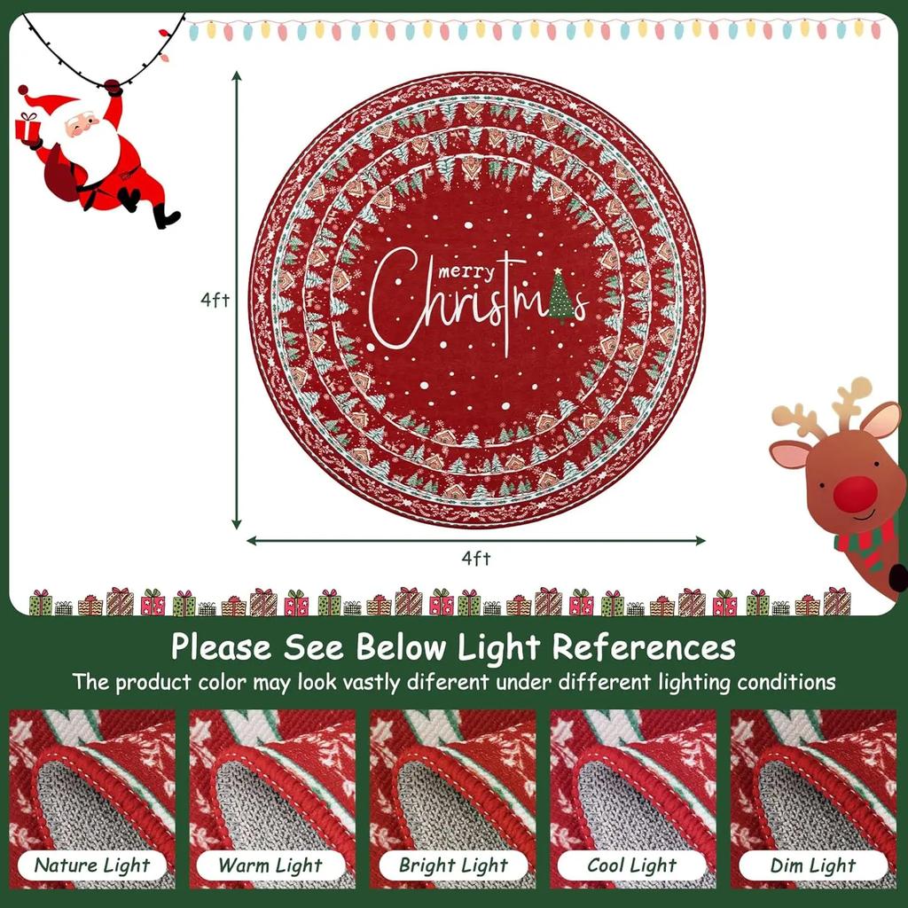 Machine Washable Christmas Area Rug Non Slip Indoor Circle Carpet Soft Low Pile Xmas Holiday Rug for Living Room Bedroom Nursery