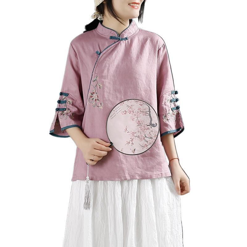 Plus Size Chinese Stand Collar Embroidered Cotton Linen Shirt