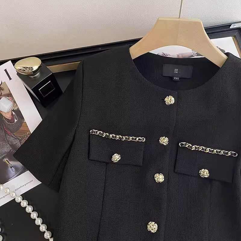 Fashion Office Lady Outfit Summer Chain Splicing Tweed Suit Women Single Breasted Top+Slim Shorts Elegant 2Pcs Set