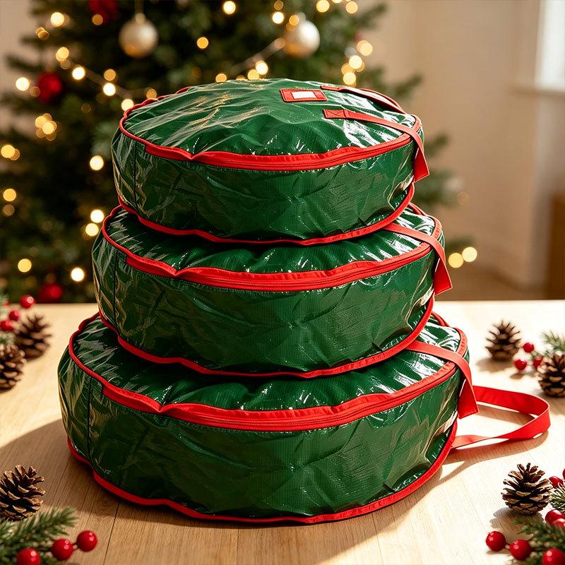 Red PE and PVC Single-Sided Transparent Christmas Wreath Storage Hanging Bag