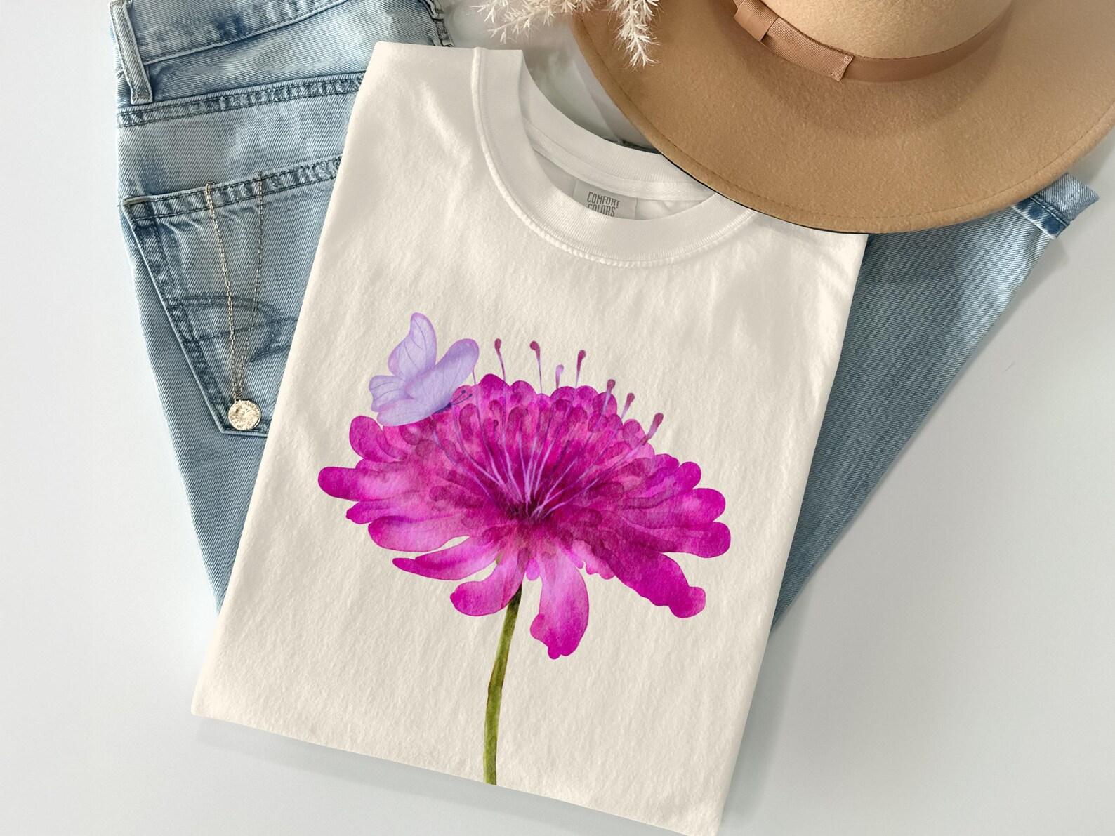 Watercolor Butterfly Flower T-Shirt, Pink Magenta Botanical Cottagecore Tee 2XL