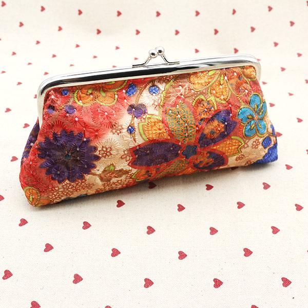 

Women s Embroidery Fabric Wallet: Long Handheld Coin and Phone Purse with Clasp